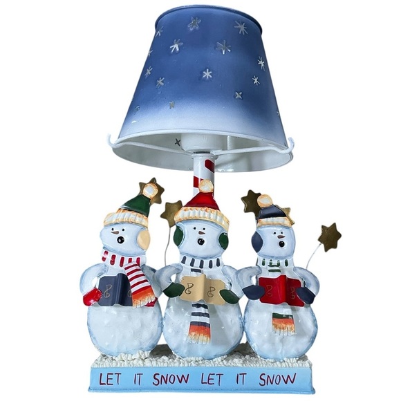 Vintage Tea Light Lamp Snowmen Caroling Pierced Metal Blue Shade Large 12 Inch - Picture 7 of 16